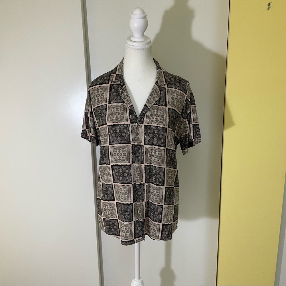 Black and Tan Button Down Shirt with Geometric Pattern